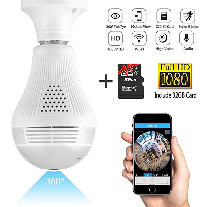 Wifi Light Bulb Camera,1080P Wireless Security Camera Light Bulb- 360° Fisheye Lens Camera Bulb VR Panoramic Bulb Camera,Night Vision and Motion Detection for iPhone/Android/Windows- Include 32GB Card