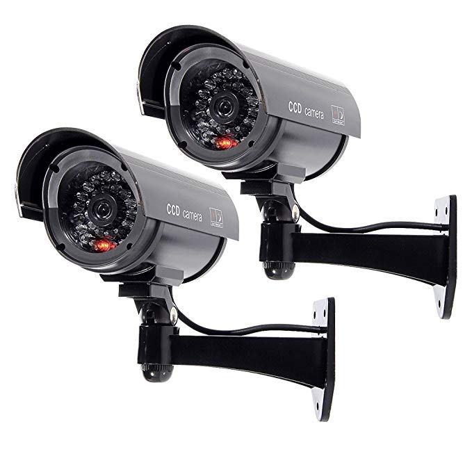 Dummy Security Camera, 2 Pack Puronic Fake Cameras CCTV Surveillance System with Realistic Simulated LEDs for Outdoor/Indoor Home Security + Warning Sticker, Black