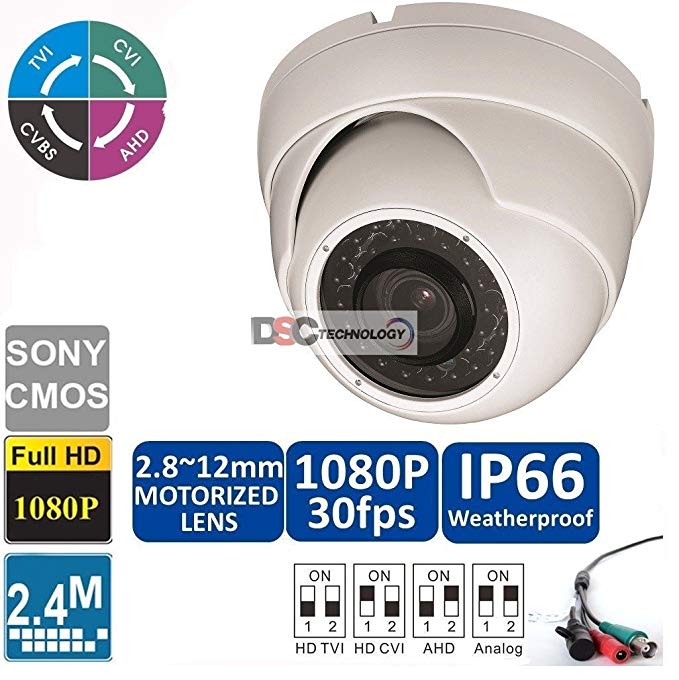 2MP 1080p HD-CVI/HD-TVI/HD-AHD Motorized Zoom Dome Security Camera - 100' IR - 2.8-12mm Motorized Zoom Lens - High Definition Security Recording over Coax Cable