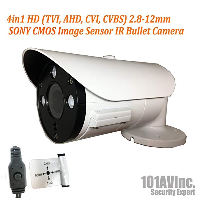 101AV Security Bullet Camera 1080P True Full-HD 4 IN 1(TVI, AHD, CVI, CVBS) 2.8-12mm Variable Focus Lens 2.4Megapixel CMOS Image Sensor IR In/Outdoor DWDR OSD Camera (White)