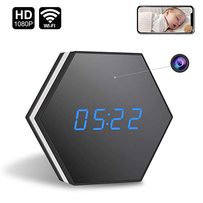 Spy Clock with Hidden Camera -ENKLOV HD 1080P WiFi Smart Mirror Clock with Remote View Night Vision Two-Way Intercom Motion Detection Colorful LED light,for Wall and Desk (Black)