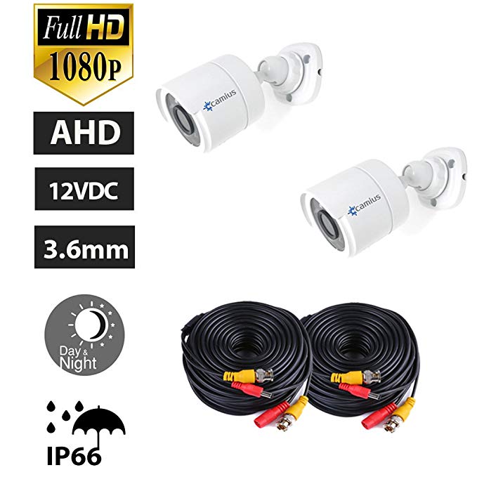 Camius 2-Pack 1080P Bullet Security Camera + 60ft BNC Cable - AHD CCTV Camera for a DVR Surveillance System - Night Vision 66ft, Metal IP66 Weatherproof -Works with 12V DC (Requires an AHD DVR)