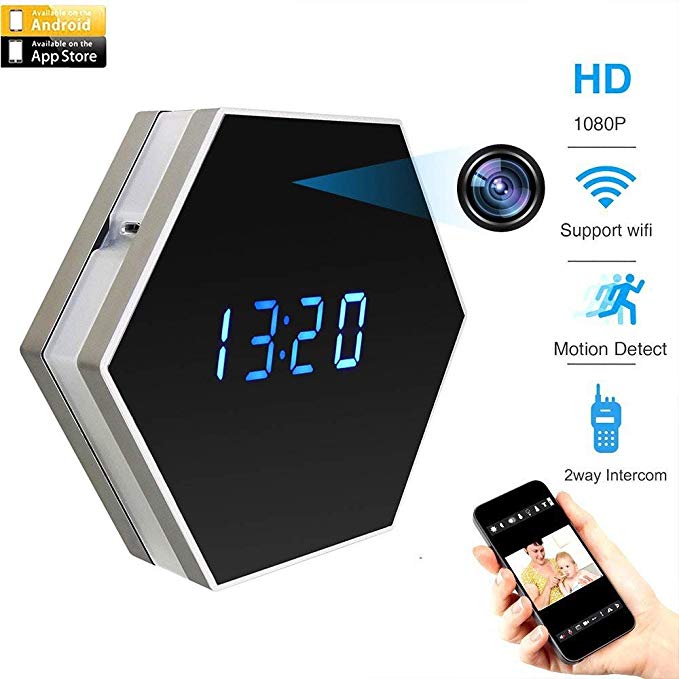 PELAY HD 1080P WIfi Alarm Clock Hidden Spy Camera Night Vision with Motion Detector,Intercom and 160 Degree, Wireless Security Small Nanny Camera,Support 12/24 Hour Systems