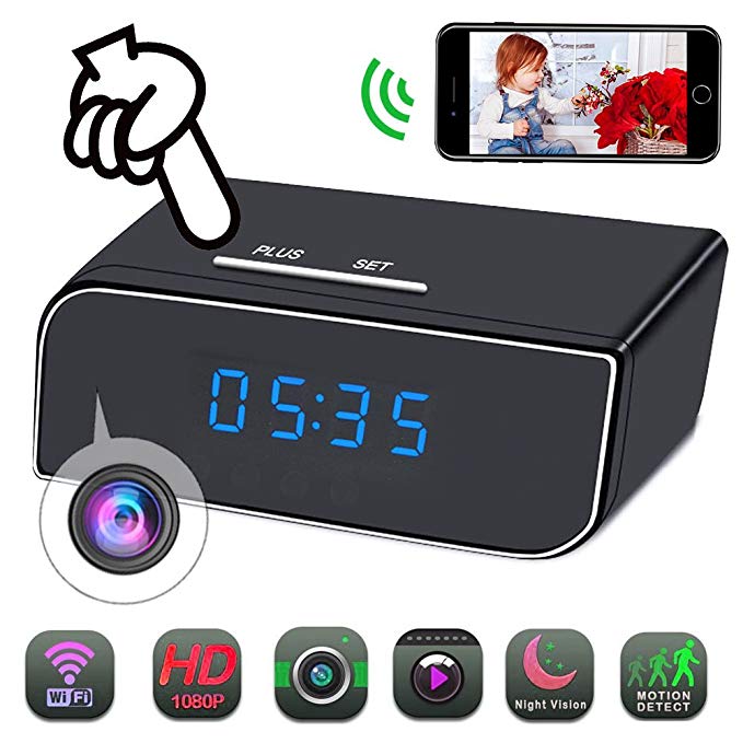 2018 New Spy Camera Clock WiFi Hidden Camera HD 1080P Mini Small Wireless Camera Pinhole Home Security Surveillance Nanny Cam with 12 Pcs IR Night Vision, Motion Detection Alarm