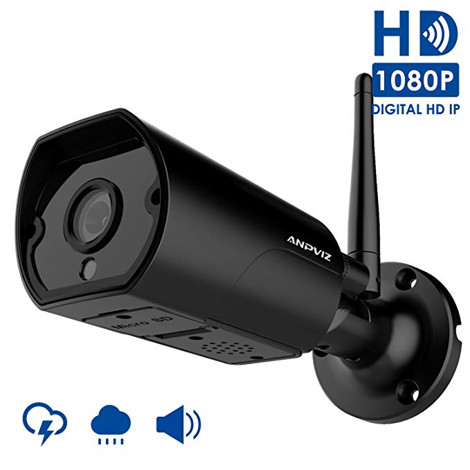 1080P Wireless security camera outdoor, Anpviz Wifi camera bullet weatherproof indoor and outdoor, 2 way Audio, suppport 128 Micro SD card (not included), come with power adapter(2018 New)