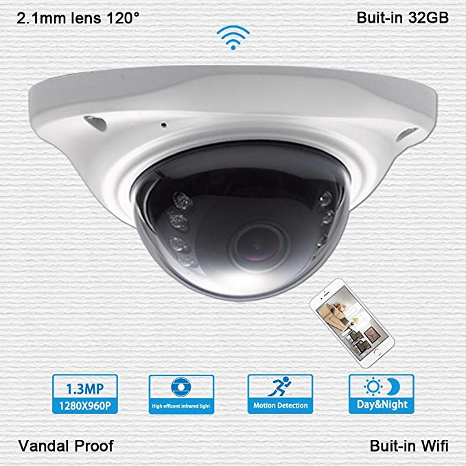 1.3Megapixel 960P WiFi Wireless IP Security Camera Audio Recording Built-in32G SD Card 120° Wide Angle Vandal Proof Day Night Vision Indoor Dome Cameras for Baby/Elder/Nanny Monitor