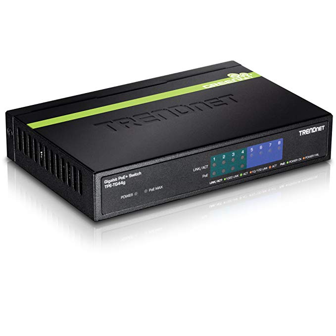 TRENDnet 8-Port Gigabit PoE+ Switch, 4 x Gigabit PoE/PoE+ Ports (Up to 30 Watts/Port), 4 x Gigabit Ports, 61.6W PoE Power Budget, 16 Gbps Switching Capacity, Lifetime Protection, TPE-TG44G