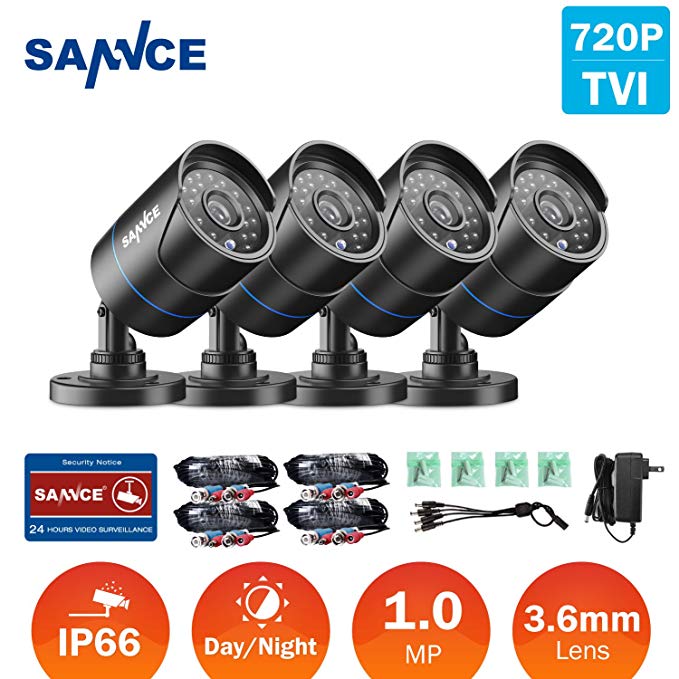 SANNCE 720P HD-TVI 1280TVL CCTV Security Camera ,3.6mm Lens 24 IR LEDs, 66ft Long Night Vision ,Outdoor Weather-proof Surveillance Camera Only for TVI DVR Recorder(Pack of 4)